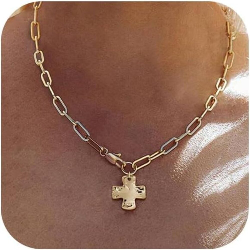 Delicate chain, chunky cross for Women Trendy 14K Gold Silver Layered Statement